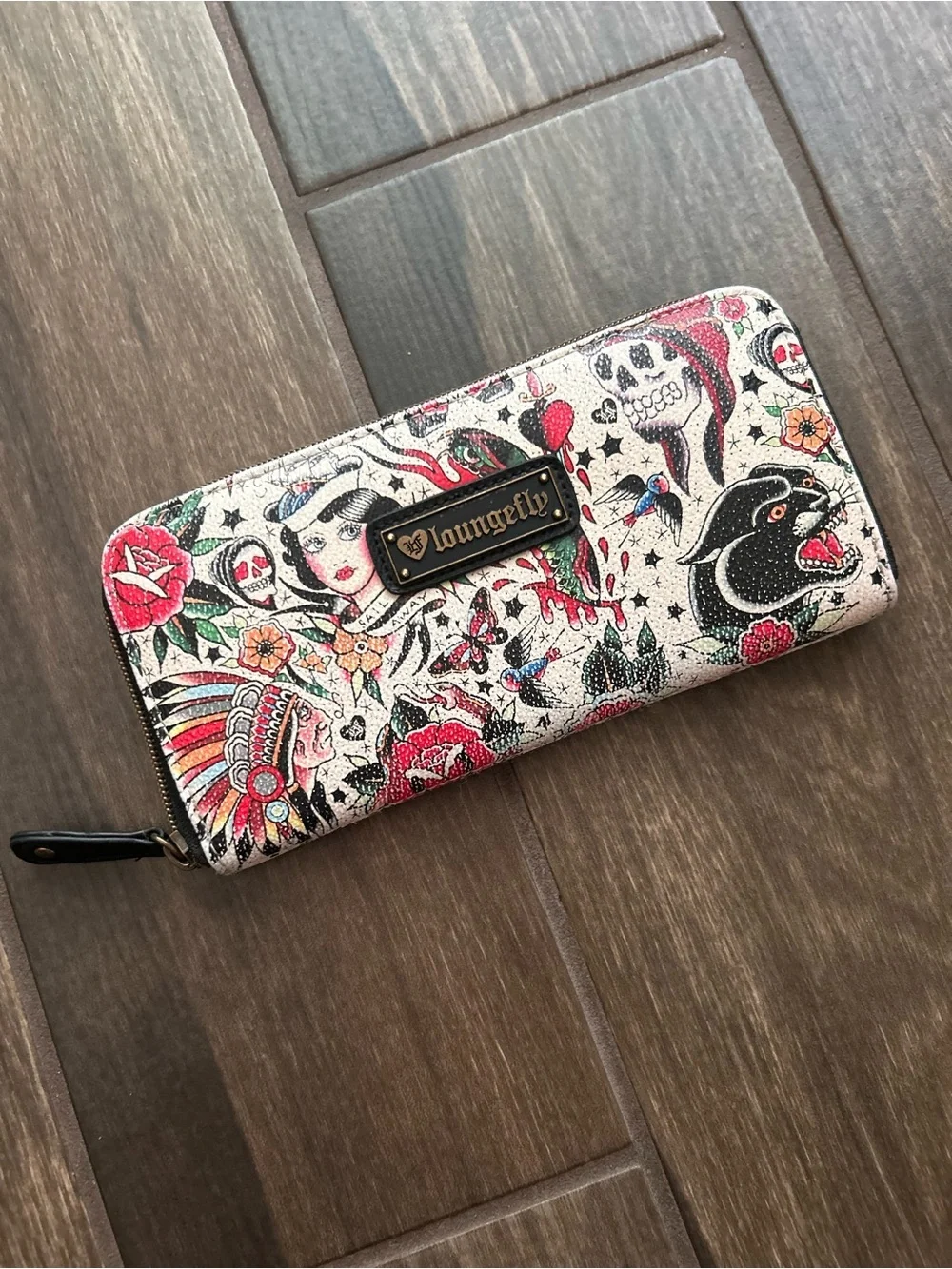 Loungefly Classic Sailor Tattoo Printed Pebbled Wallet in Tan/Multi